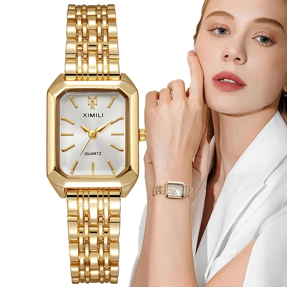 Luxury Ladies Quartz Watch - Simple Scale Square Gold Plated Business Stainless Steel Folding Clock