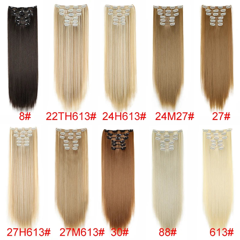 Synthetic Hair Extensions 24 Inch - 16 Clips Long Straight Hairstyle Blonde Black Heat Resistant Hairpieces for Daily Use