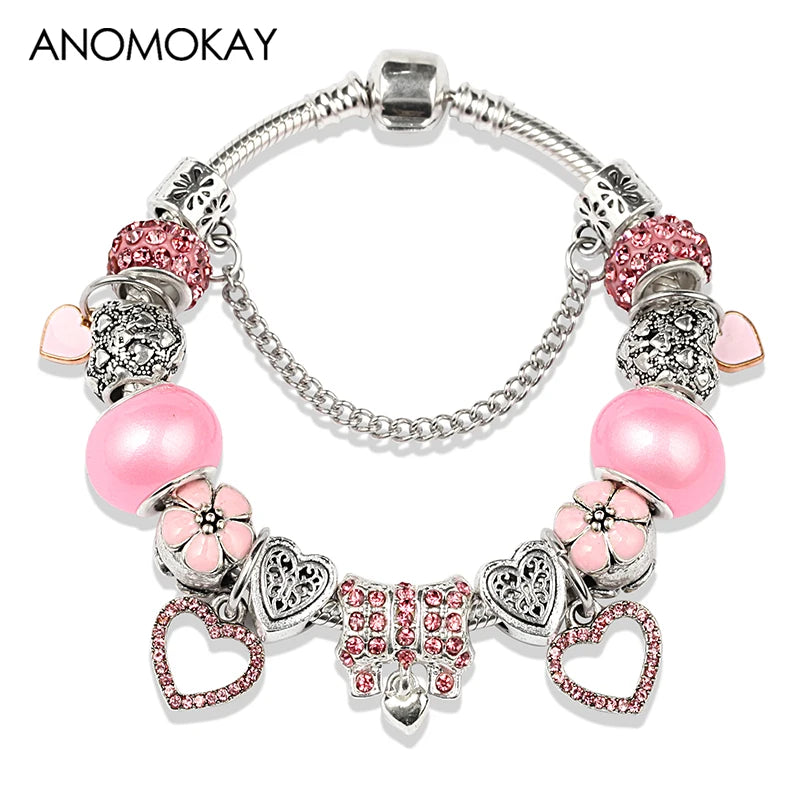 Valentine's Heart Crystal Bracelet - Elegant Pink Charm Bracelet for Loved Ones