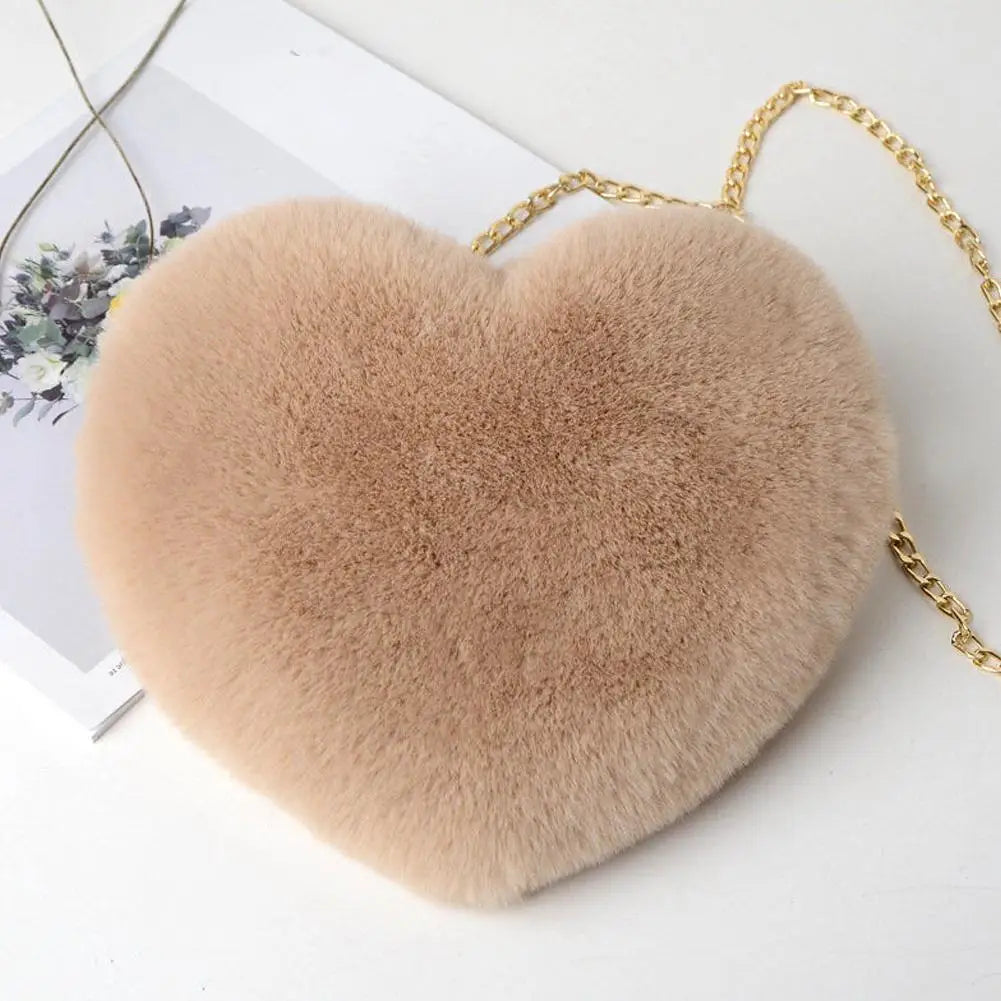 Fashion Women's Heart Shaped Handbags Cute Faux Fur Chain Shoulder Totes Crossbody Plush Bag