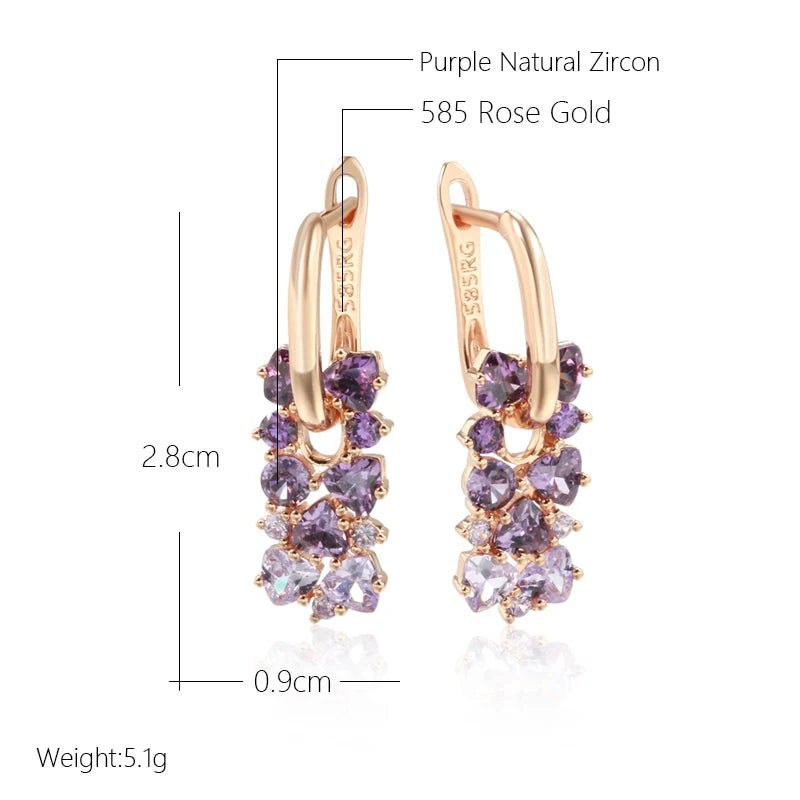 Kinel Hot Shiny Purple Zircon Drop Earrings for Women - 585 Rose Gold Wedding Jewelry Gift