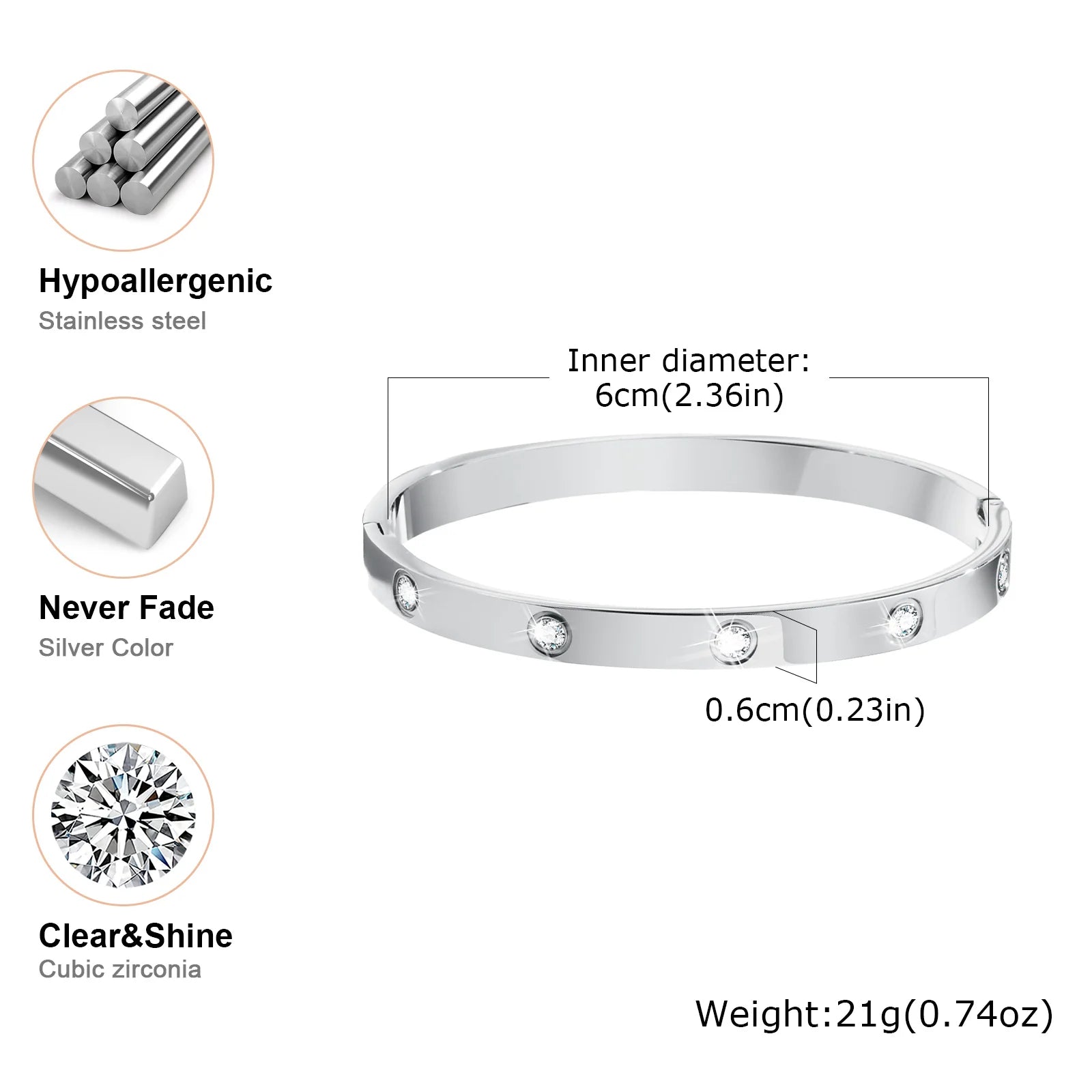 Cubic Zirconia Gold Stainless Steel Bangle – Premium Waterproof Accessory