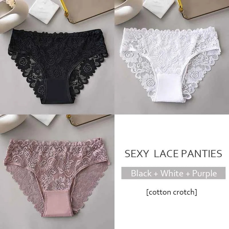 3PCS Set Luxury Floral Lace Panties Women Briefs Sexy Hollow Lingerie Breathable Underwear