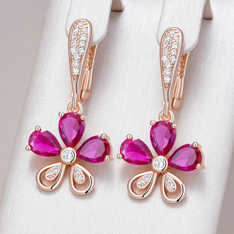Kinel Red Zircon Drop Earrings - Fashion 585 Rose Gold Color Crystal Flower Accessories for Women
