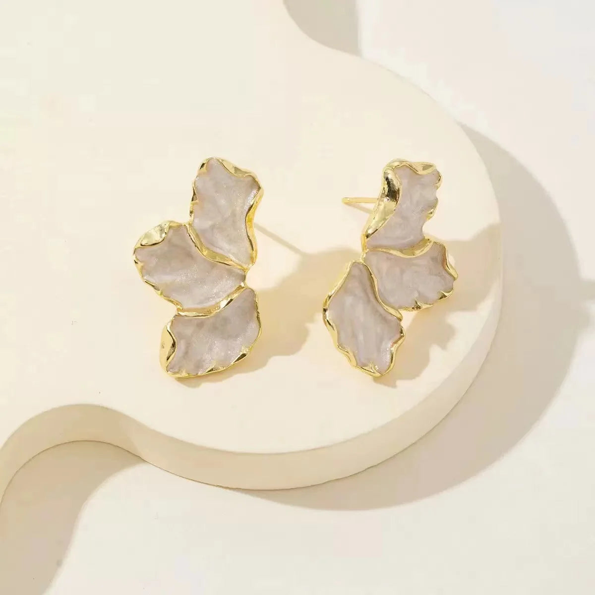 Fashion Delicate Gold Plated Flower Earrings with Irregular Back Design - High Quality Cream Flower Earrings, Perfect Family Gift
