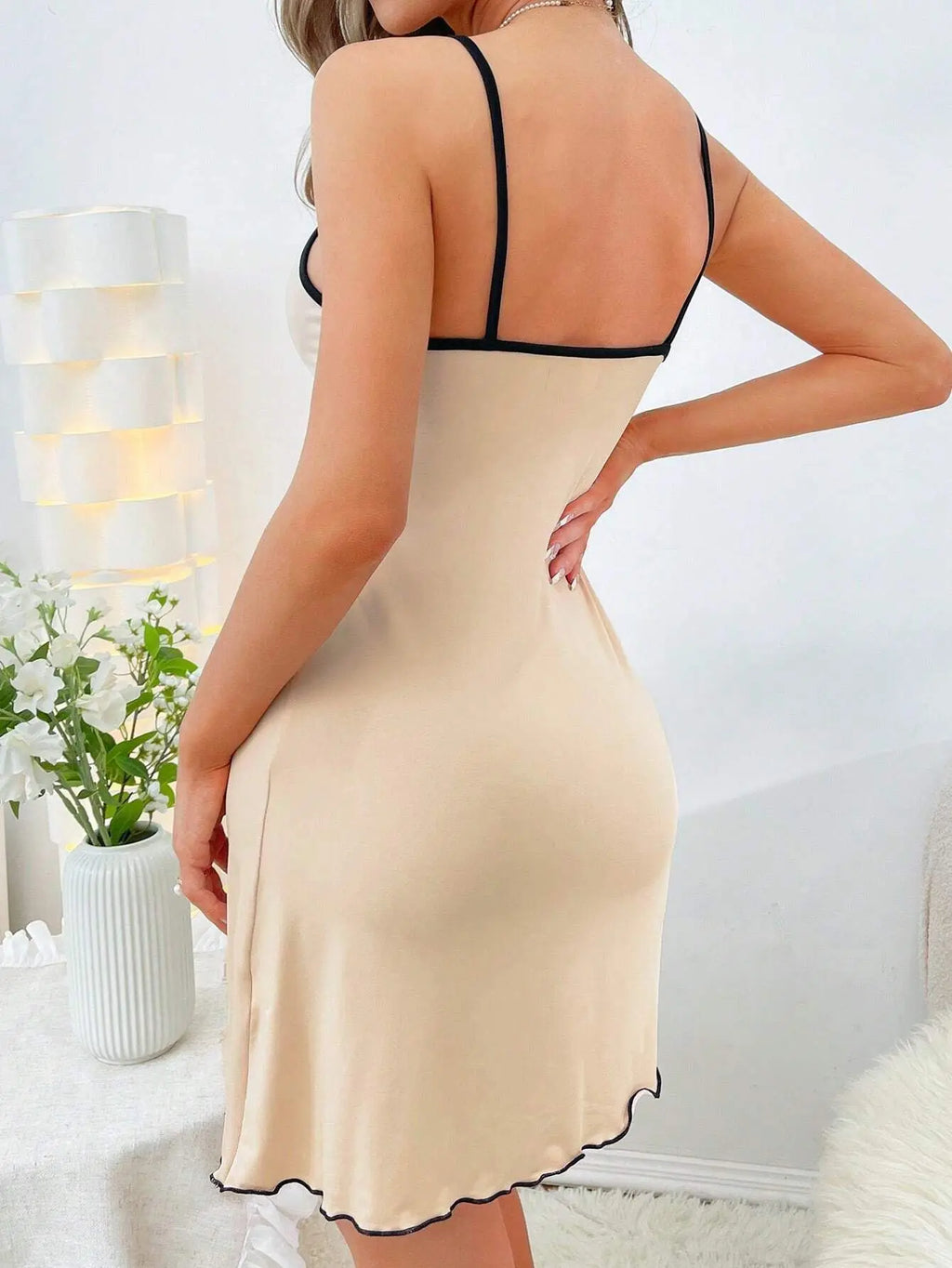 Womens Cute Bear Print Nightgown Cami Dress with Spaghetti Straps and Lettuce Hem Y2K Style - Allurra Store