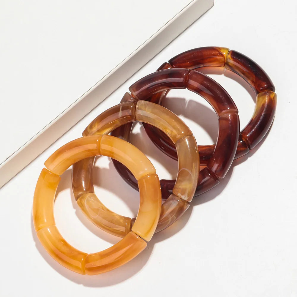 Fashion Acrylic Bracelet Set - 4PCS/Set Resin Amber Bamboo Bead Elastic Bangles Tube Beads Handmade 2024 Trendy Designer Bracelet Set