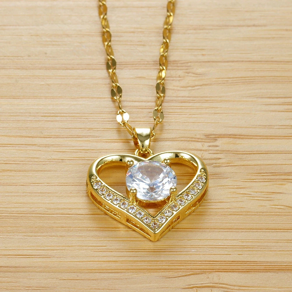 Htpwe Artificial Gems Heart Pendant Necklace - Golden Stainless Steel Lips Neck Chain for Women and Girls
