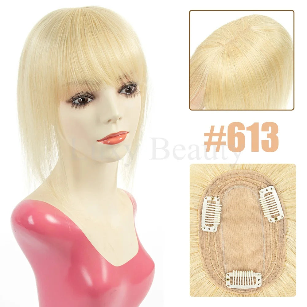 Brown Human Hair Topper with Bangs for Women - 8cmX12cm with Black Highlights for Blonde Skin, Clip-in Hair Piece