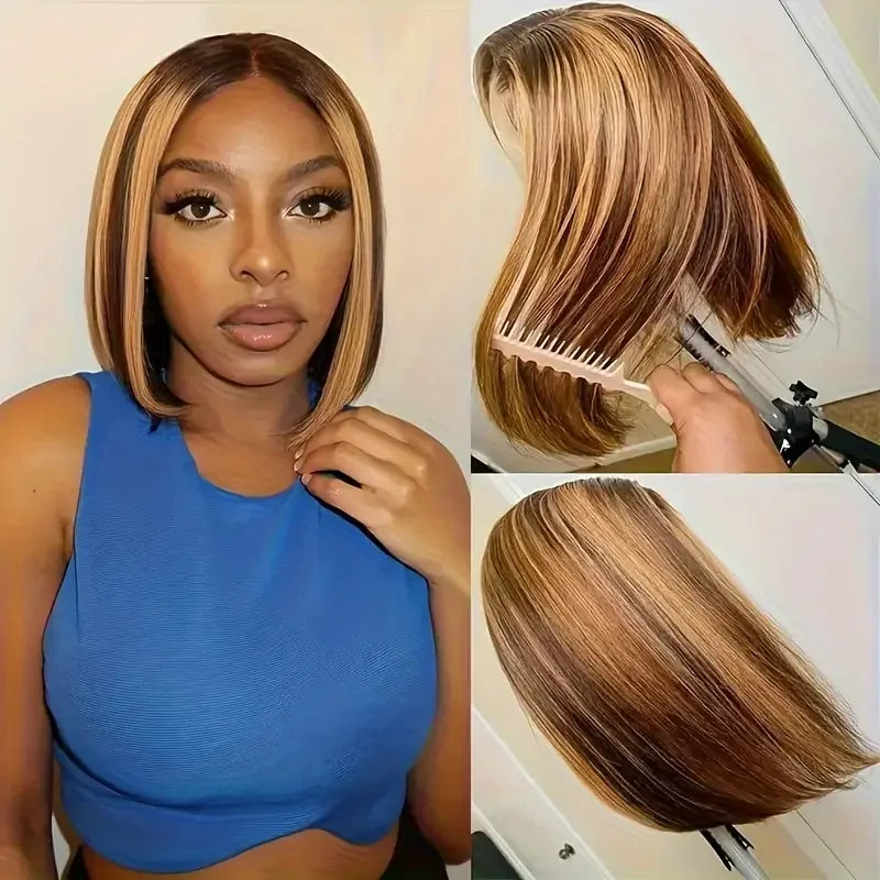 100% Human Hair Bob Wigs 4/27 - 13x4 Lace Frontal Wig Ready Wear, 220 Density for Black Women Gold Color