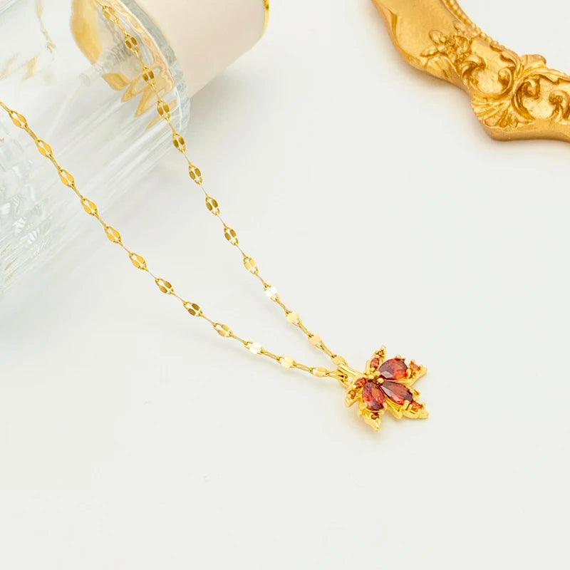 New Fashion Red Maple Leaf Pendant Necklace for Women - Cute Romantic Stainless Steel Jewelry