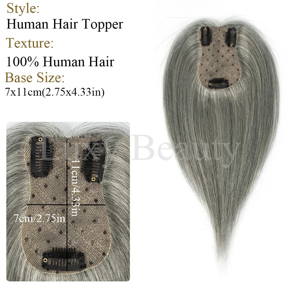 Gray Human Hair Topper for Women - 100% Natural Human Hair Clip-In Hairpiece in Black, Blonde, and Brown