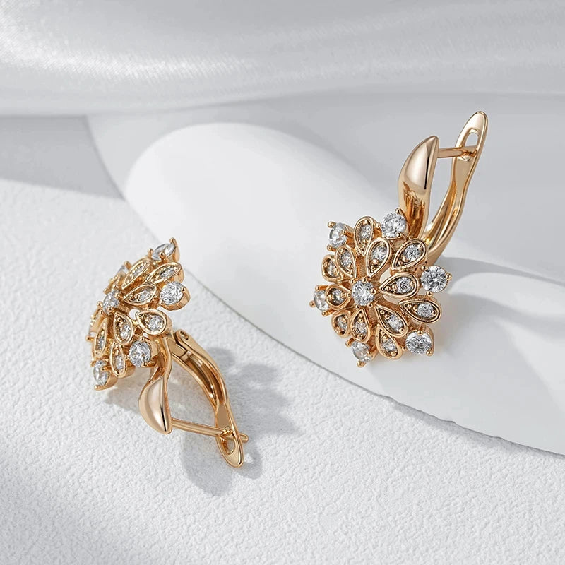 Wbmqda Luxury Crystal Flower Drop Earrings for Women in 585 Rose Gold with White Natural Zircon - Vintage Wedding Jewelry Gifts