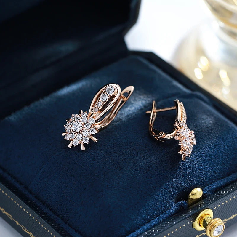 Kinel Zircon Flower Earrings Women 585 Rose Gold Vintage Jewelry for Daily and Party Accessories