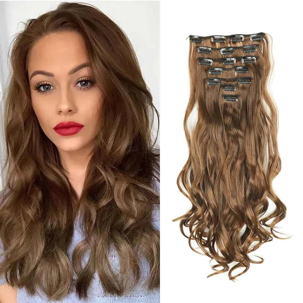 Clip In Hair Extensions - 7 PCS Full Head 22 Inch Long Curly Wavy Synthetic Hair