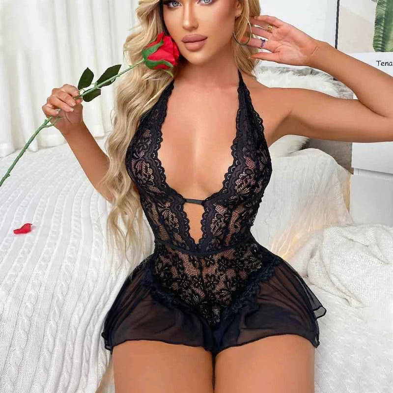 Crotchless Lace Lingerie Set - Sexy White Bra Set with Hollow Design, Deep V Open Bra, and Teddy Baby Doll Dress for Women