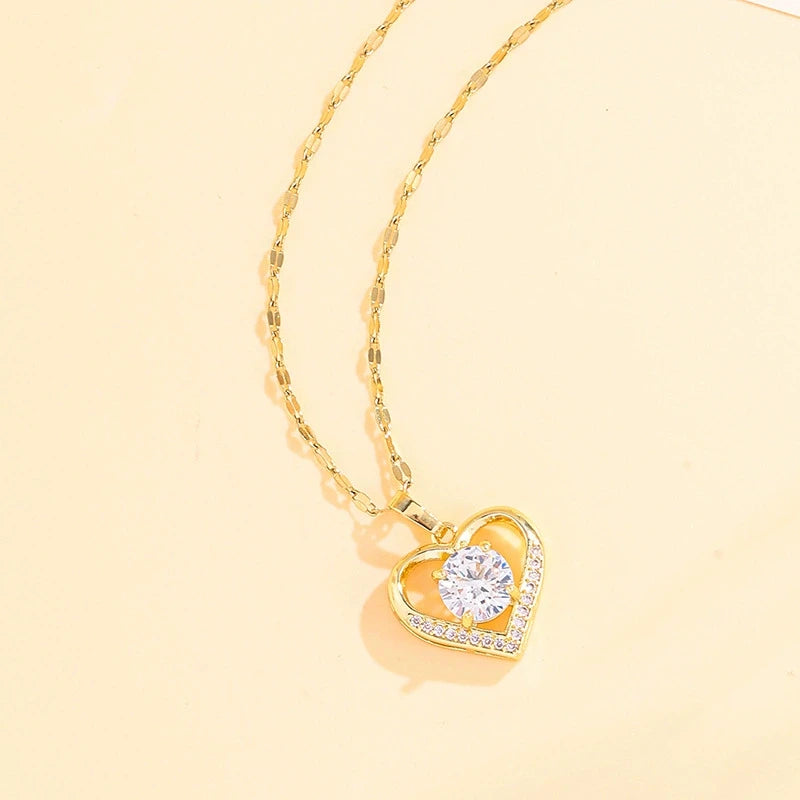 Htpwe Artificial Gems Heart Pendant Necklace - Golden Stainless Steel Lips Neck Chain for Women and Girls