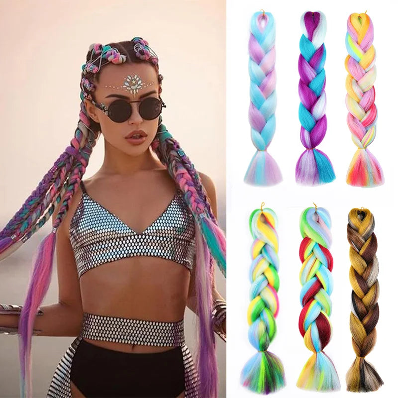 Jumbo Rainbow Braiding Hair Extensions - Four Silky Colorful Twist Fiber Mix Synthetic Braids