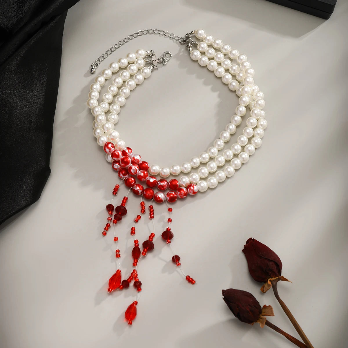 Multilayer Gothic Pearl Tassel Necklace with Vintage Red Blood Pattern and Crystal Bead Chain for Women - Perfect Halloween Jewelry