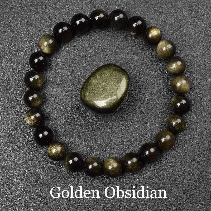 Natural Golden Obsidian Bracelet for Men and Women - Raw Stone Round Bead Energy Jewelry