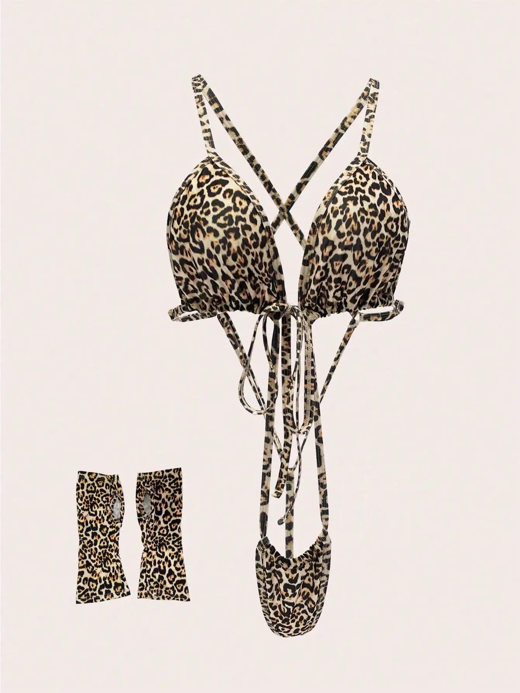 Two Pieces Leopard Print Sexy Lingerie Set with Gloves and Straps Cross Bodysuit