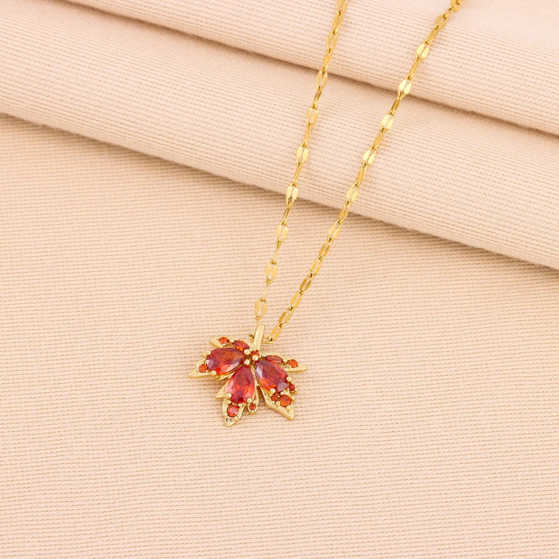 New Fashion Red Maple Leaf Pendant Necklace for Women - Cute Romantic Stainless Steel Jewelry