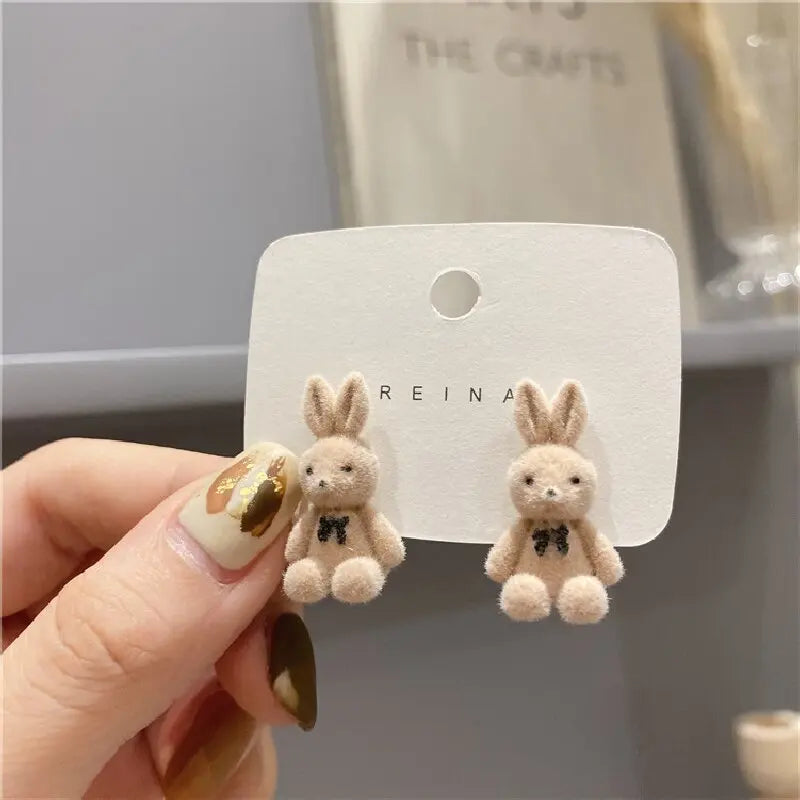 2PC Cute Plush Rabbit Bear Earrings - Kawaii Brown Khaki Animal Jewelry for Women and Girls - Allurra Store