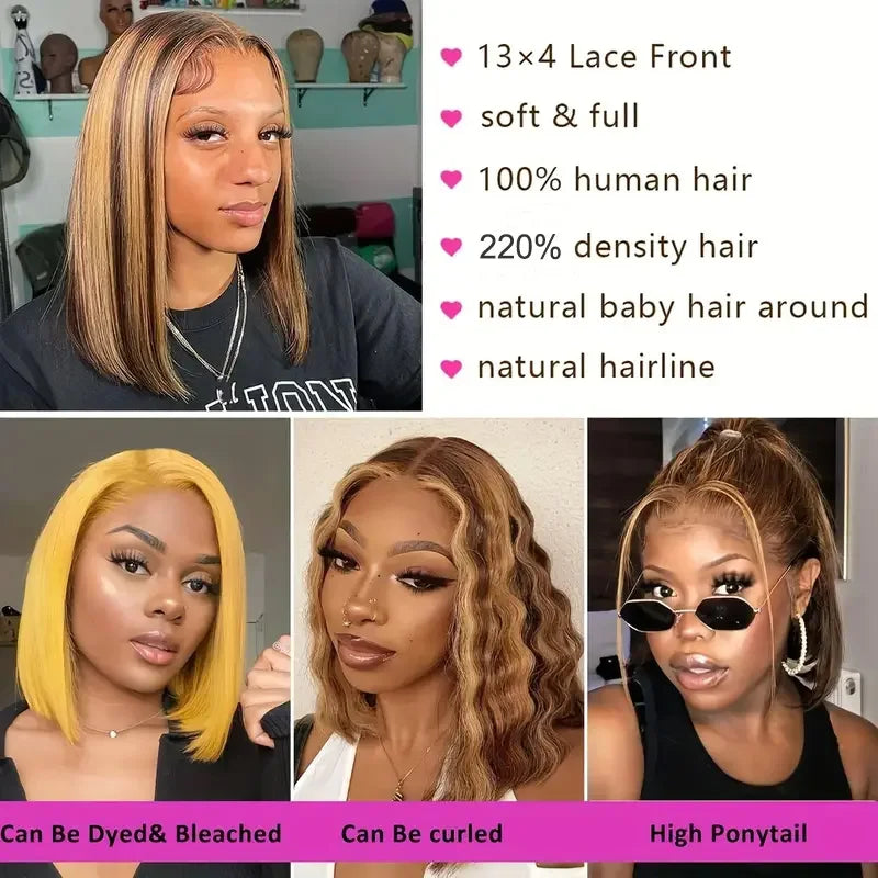 100% Human Hair Bob Wigs 4/27 - 13x4 Lace Frontal Wig Ready Wear, 220 Density for Black Women Gold Color