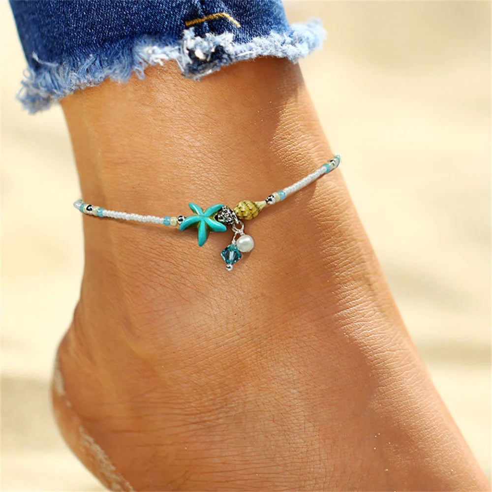 Bohemian Shell Anklets for Women - Tortoise Starfish Summer Beach Ankle Bracelet