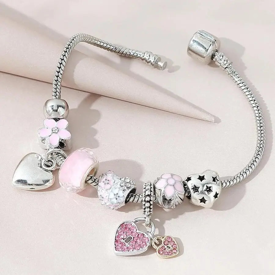 Obega Floral Heart Flower Crystal Charm Bracelet