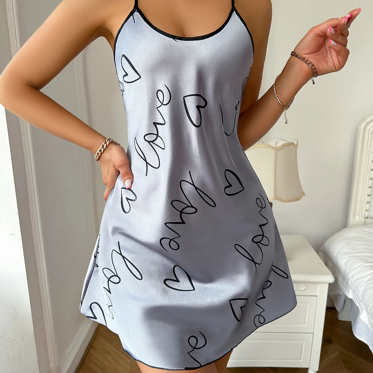 Heart Print Nightdress Casual Round Neck Spaghetti Strap Sleep Dress for Women - Allurra Store