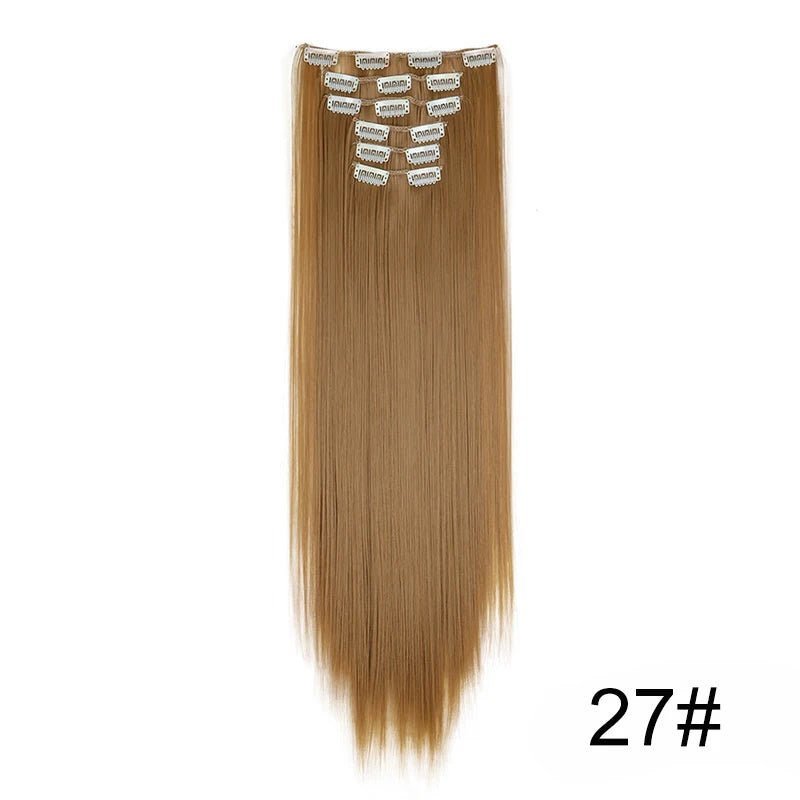 Synthetic Hair Extensions 24 Inch - 16 Clips Long Straight Hairstyle Blonde Black Heat Resistant Hairpieces for Daily Use