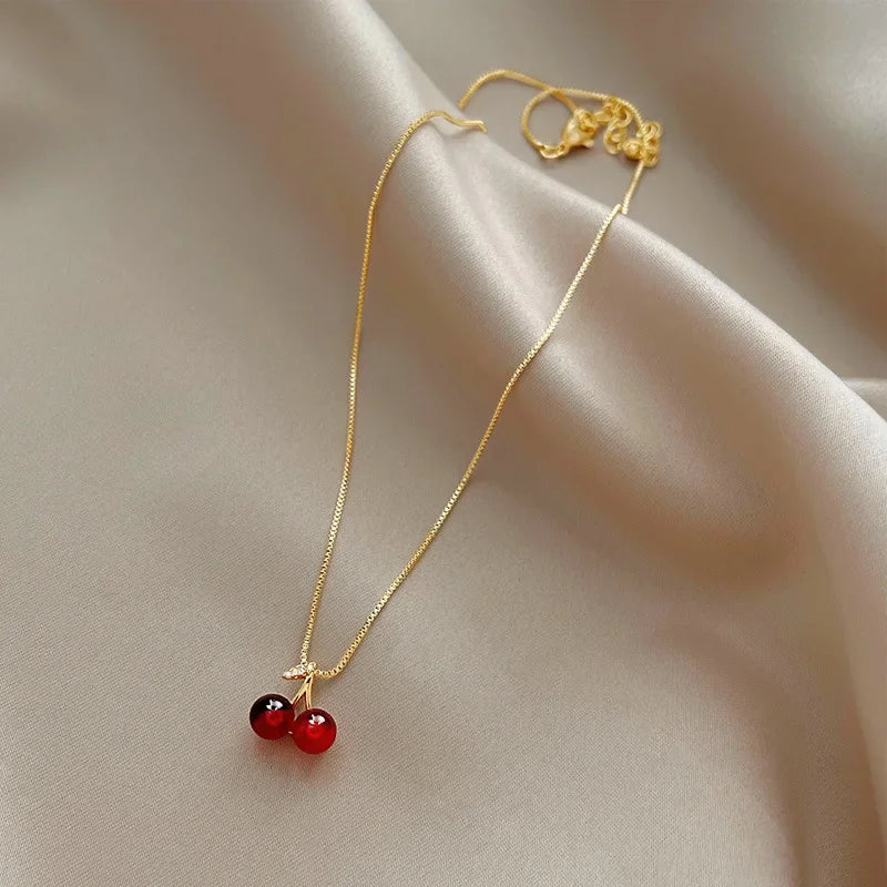 Little Wine Red Cherry Pendant Necklace for Women - Fashion Fruit Golden Chain Jewelry for Parties and Birthday Gifts
