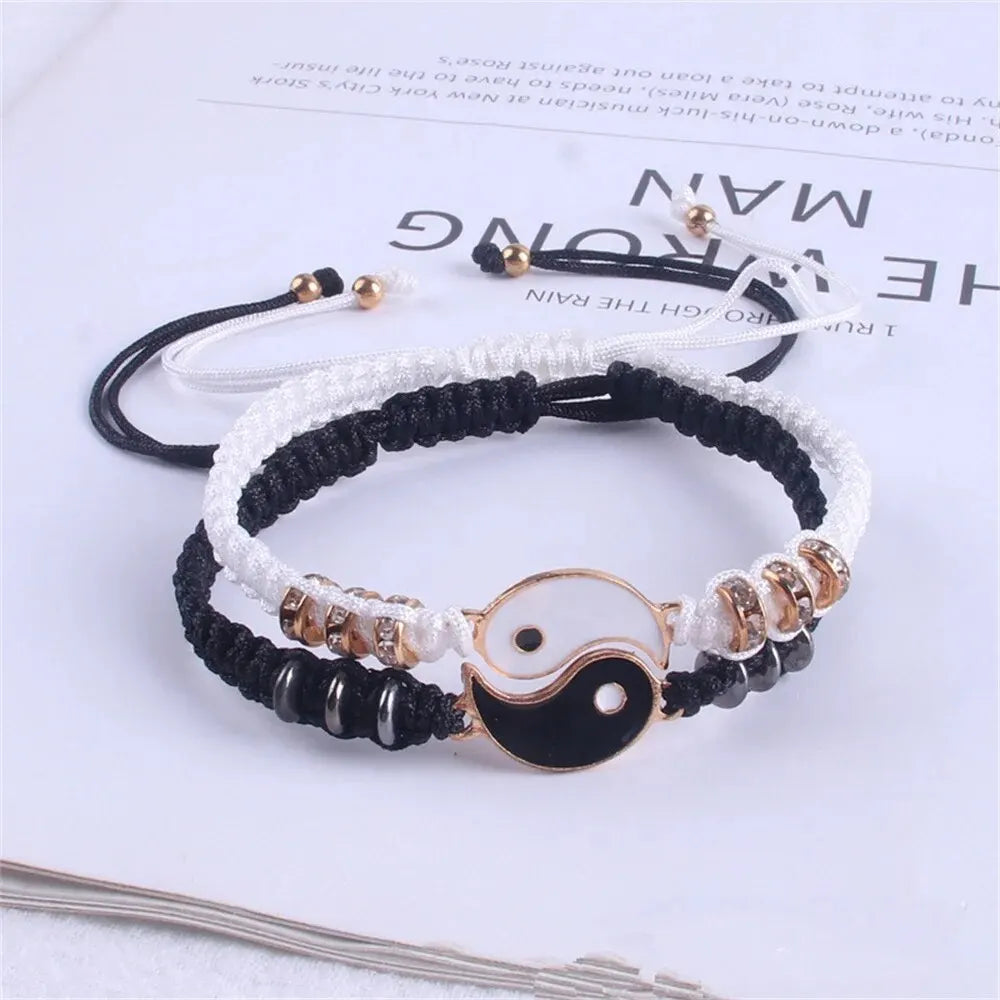 2 PC Couple Tai Chi Bracelet Set Black White Adjustable Rope Chain Daily Wear Jewelry