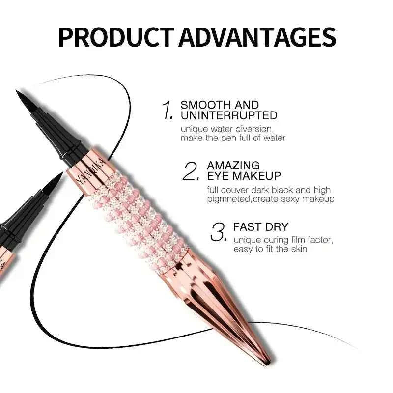 Precision Black Liquid Eyeliner with Rhinestones - Long-Lasting Waterproof Quick-Dry Eye Makeup