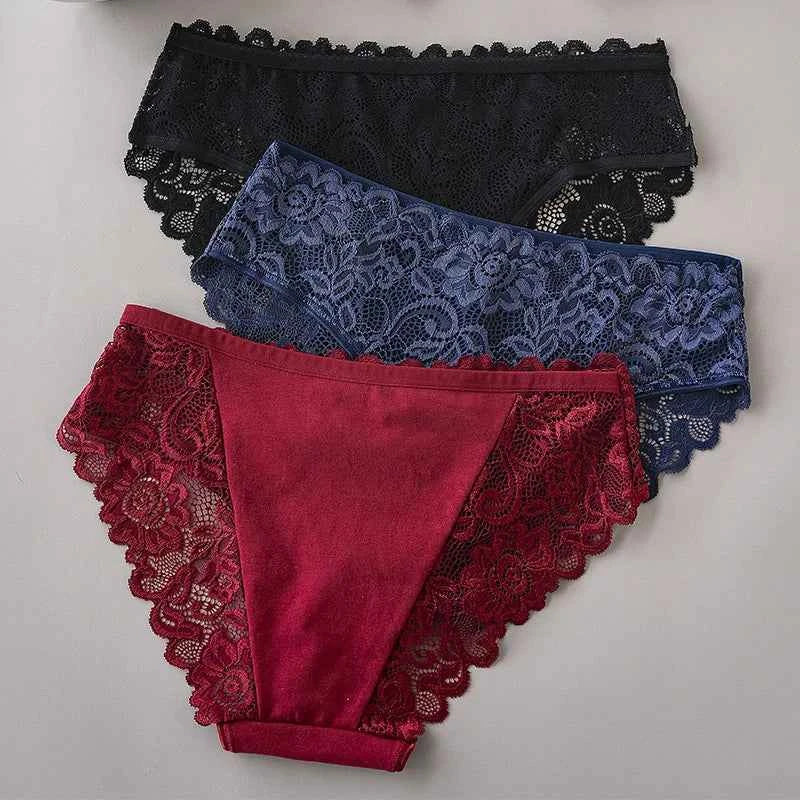 3PCS Set Luxury Floral Lace Panties Women Briefs Sexy Hollow Lingerie Breathable Underwear