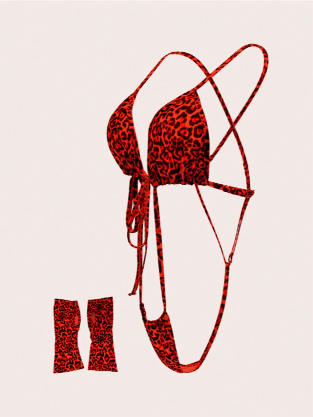 Two Pieces Leopard Print Sexy Lingerie Set with Gloves and Straps Cross Bodysuit