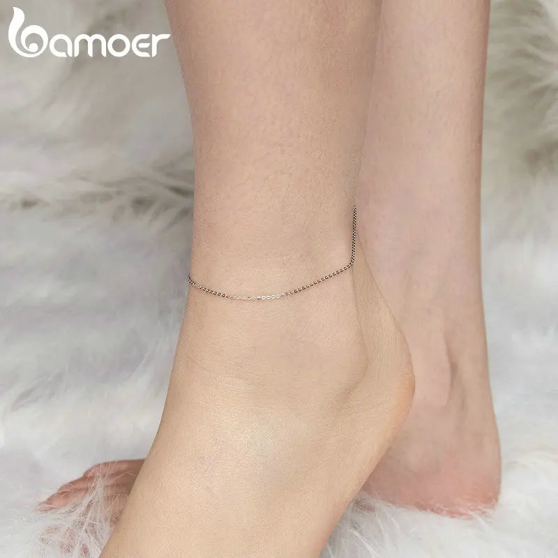 BAMOER 925 Sterling Silver Anklet Solid Sparkling O Chain Ankle Bracelet for Women Minimalist Summer Jewelry SCT027