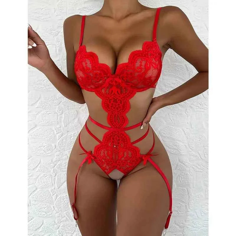 Hot Erotic Sexy Lingerie Set Women Push Up Bra Garter Set Lace Backless Straps Transparent Underwear Sets Plus Size Lenceria