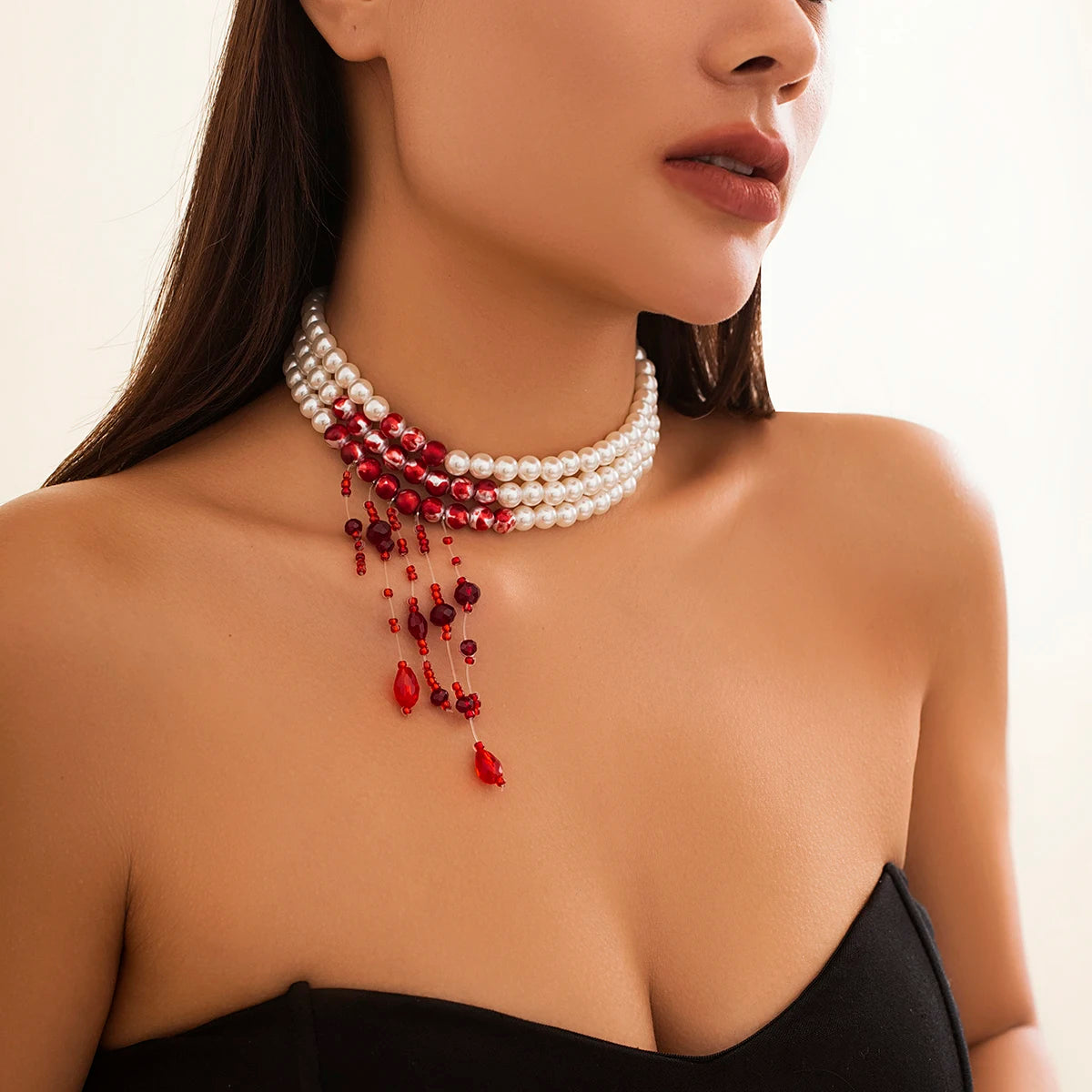 Multilayer Gothic Pearl Tassel Necklace with Vintage Red Blood Pattern and Crystal Bead Chain for Women - Perfect Halloween Jewelry