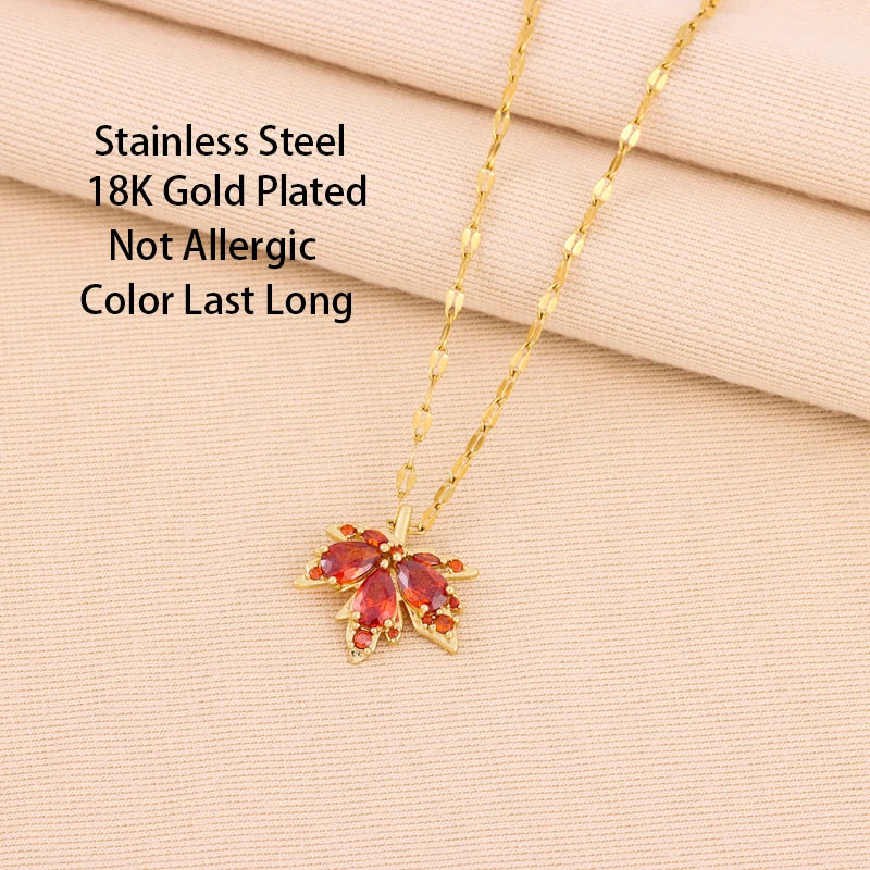 New Fashion Red Maple Leaf Pendant Necklace for Women - Cute Romantic Stainless Steel Jewelry