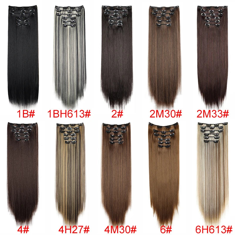 Synthetic Hair Extensions 24 Inch - 16 Clips Long Straight Hairstyle Blonde Black Heat Resistant Hairpieces for Daily Use