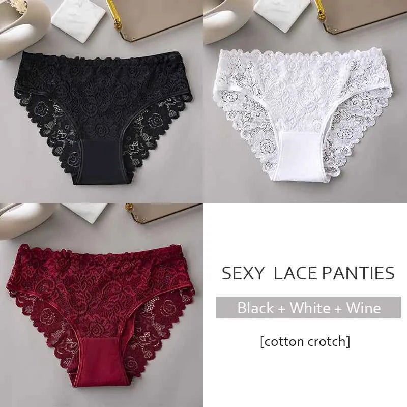 3PCS Set Luxury Floral Lace Panties Women Briefs Sexy Hollow Lingerie Breathable Underwear