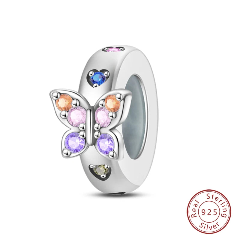 100% 925 Sterling Silver Butterfly Charm with Rainbow Zircon Colorful Dragon Shaped Silicone Stopper for DIY Bracelets Jewelry