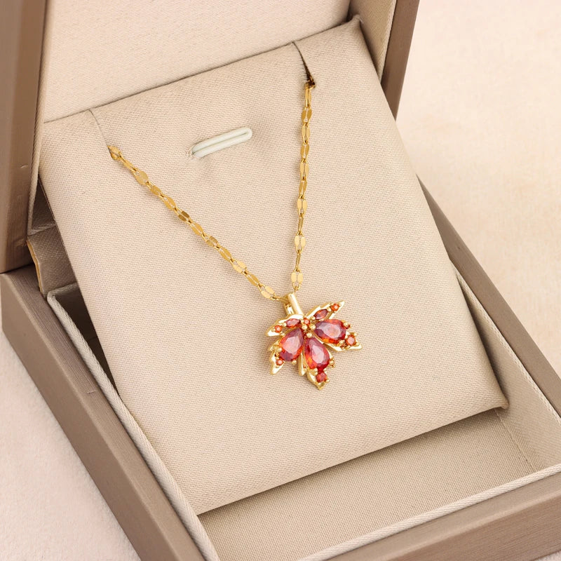 New Fashion Red Maple Leaf Pendant Necklace for Women - Cute Romantic Stainless Steel Jewelry