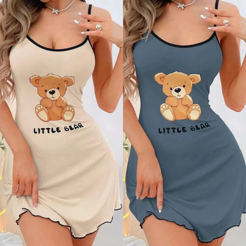 Womens Cute Bear Print Nightgown Cami Dress with Spaghetti Straps and Lettuce Hem Y2K Style - Allurra Store