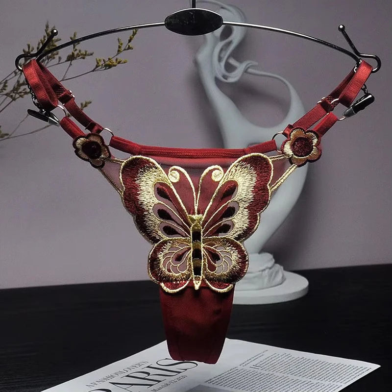 Sexy Lace Thong Women Butterfly Low Waist Panties G strings Transparent Mesh Briefs Adjustable Waist Panties Culotte Femme - Allurra Store
