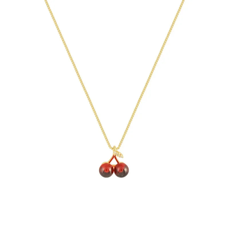 Little Wine Red Cherry Pendant Necklace for Women - Fashion Fruit Golden Chain Jewelry for Parties and Birthday Gifts
