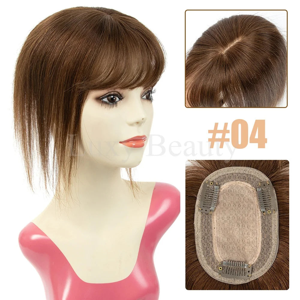 Brown Human Hair Topper with Bangs for Women - 8cmX12cm with Black Highlights for Blonde Skin, Clip-in Hair Piece