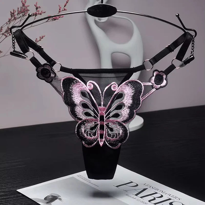 Sexy Lace Thong Women Butterfly Low Waist Panties G strings Transparent Mesh Briefs Adjustable Waist Panties Culotte Femme - Allurra Store